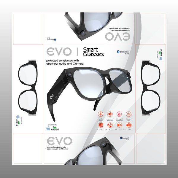 EVO — Smart Glasses, Polarized Sunglasses with Open-Ear Audio & Camera packaging design