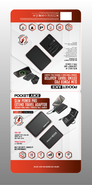 PocketJuice — Slim Power Pro Extend Travel Adaptor, 5000mAh Power Bank & Wall Charger packaging design