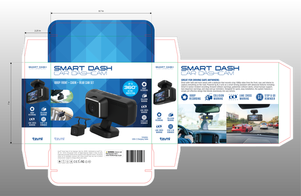 tzumi — Smart Dash Car Dashcam, 1080P Front + Cabin + Rear Cam Set packaging design